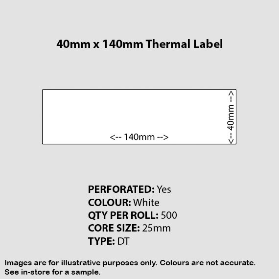 White Thermal Labels 40mm x 140mm w/Perf 25C/500LPR