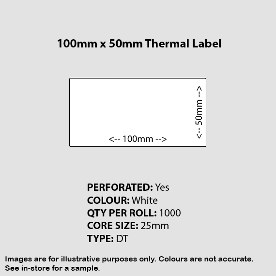 White Thermal Labels 100mm x 50mm w/Perf 25C/1000LPR