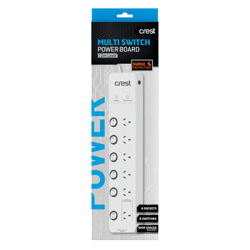 Crest Switched 6 Socket Power Board w/ Surge Protection