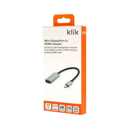 [KMDPHDAD] Klik 20cm Mini DisplayPort Male to HDMI 4K2K Adapter