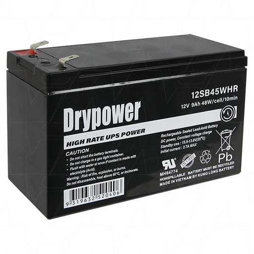 [12SB45WHR] Drypower 12V 9Ah Sealed Lead Acid Battery (SLA)