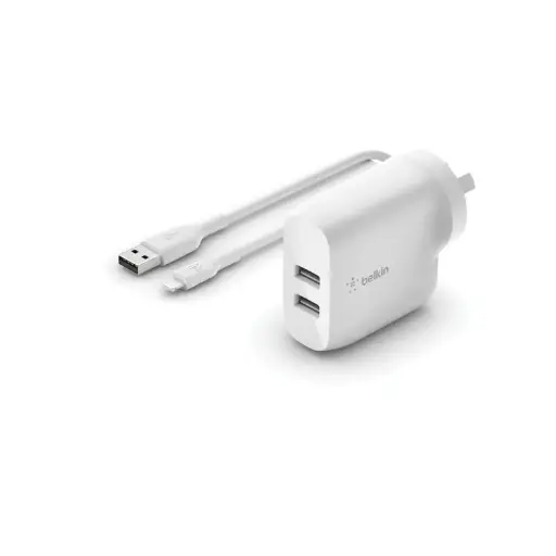 [WCD001AU1MWH] Belkin Dual USB Wall Charger w/1x Lightning USB Cable